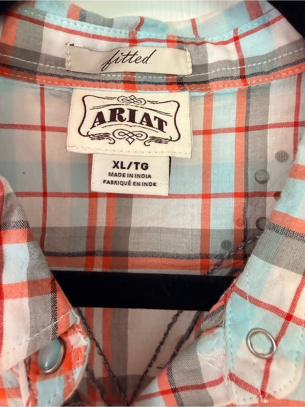 Ariat Coral, Light Blue and Gray Plaid Fitted Button-Down